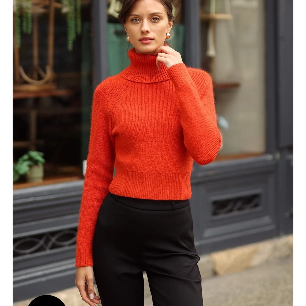 Orange Cowl Neck Sweater with Thick Knit